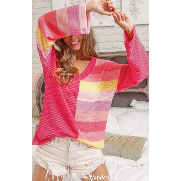 LAST 1! Fuchsia V Neck Lightweight Waffle Knit Color Block Top! - Picture 13 of 13